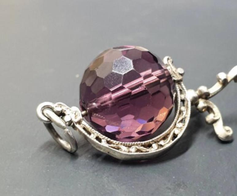 SILVER SPINNING GLOBE Bracelet Charm - Vintage Amethyst world - 6g