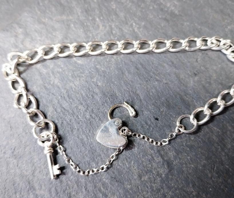 Vintage SILVER LINK BRACELET with Lock and Key - 16cm - 8.8g