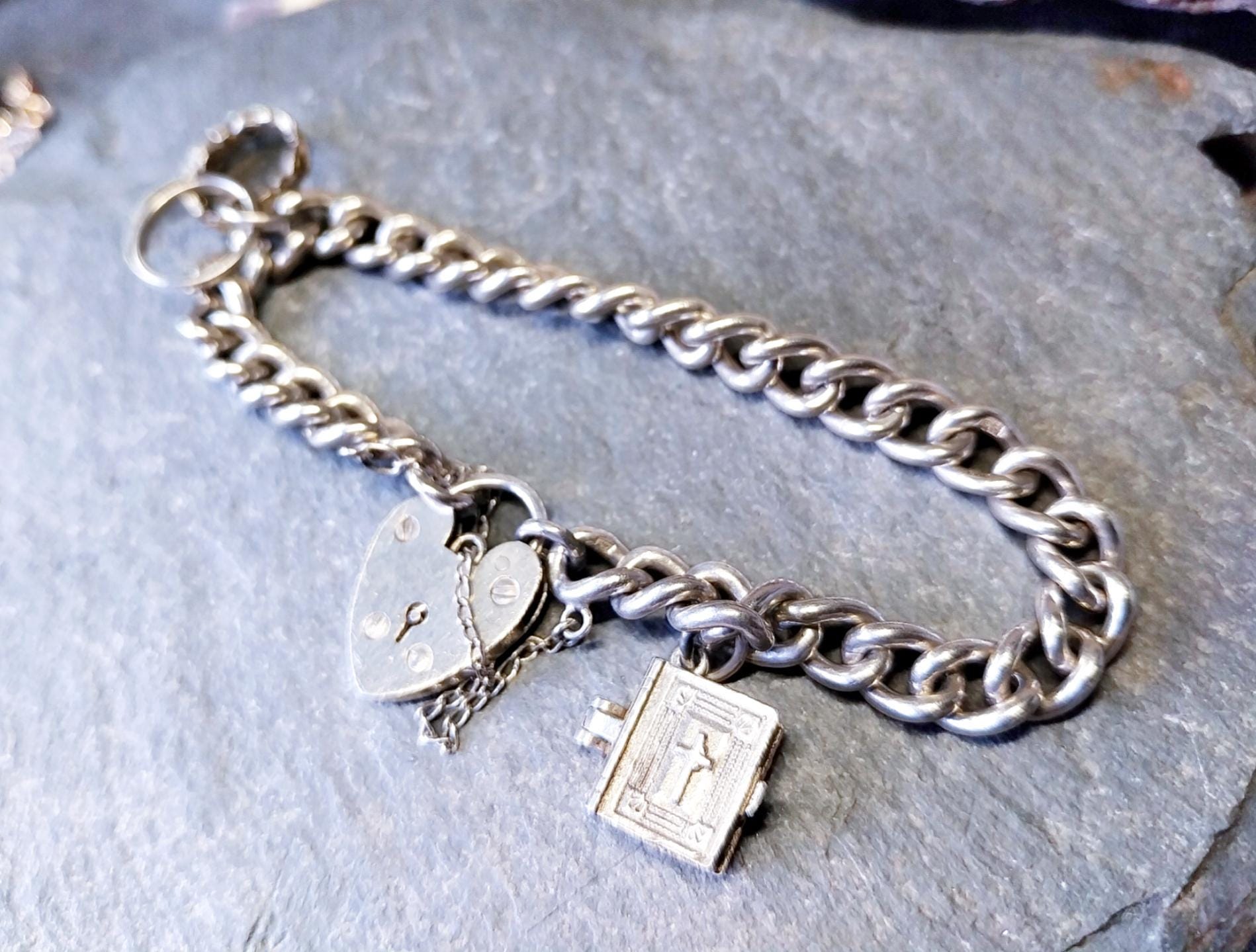 Vintage Silver CHARM BRACELET with Bible and Rings Charms with heart padlock clasp - 27.4g