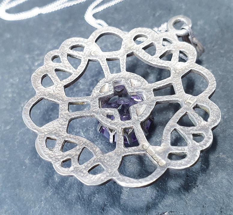 Vintage ORTAK Amethyst Pendant Necklace - Malcolm Grey on 20" silver chain - 8.2g