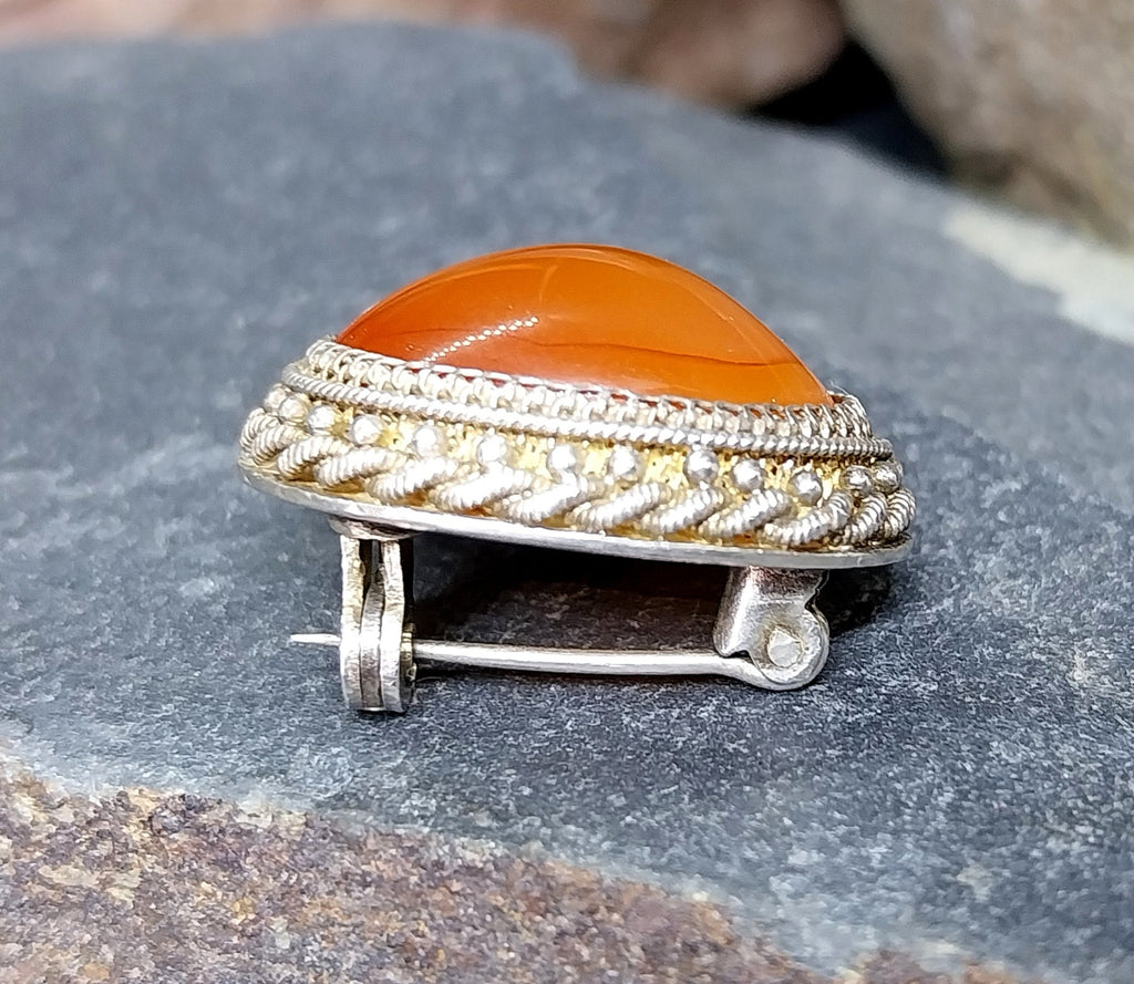 Vintage Sterling Silver Carnelian Brooch -  5.3g
