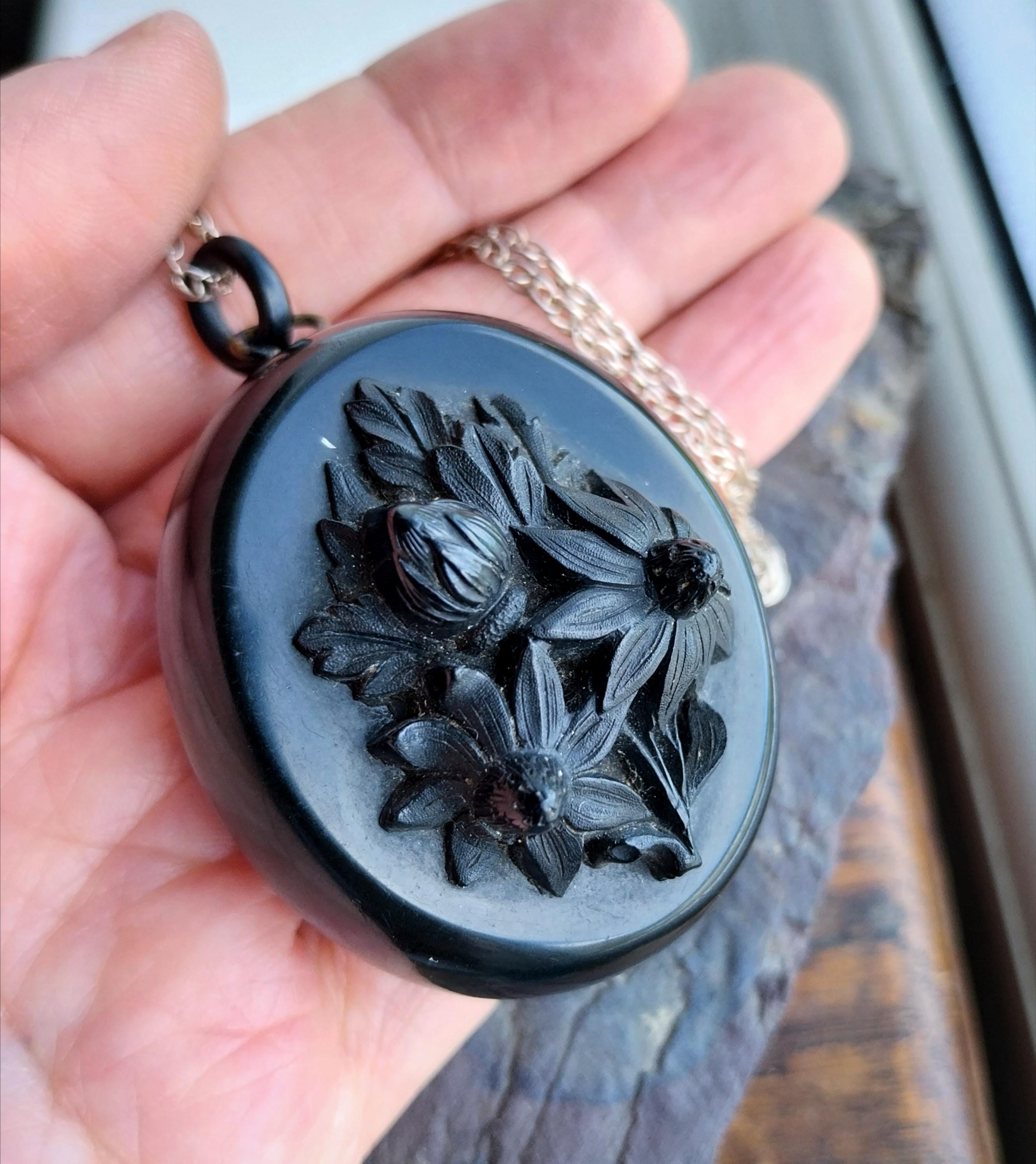 VICTORIAN Bog Oak LOCKET with Sunflowers on 24" Chain Necklace - 28.9g