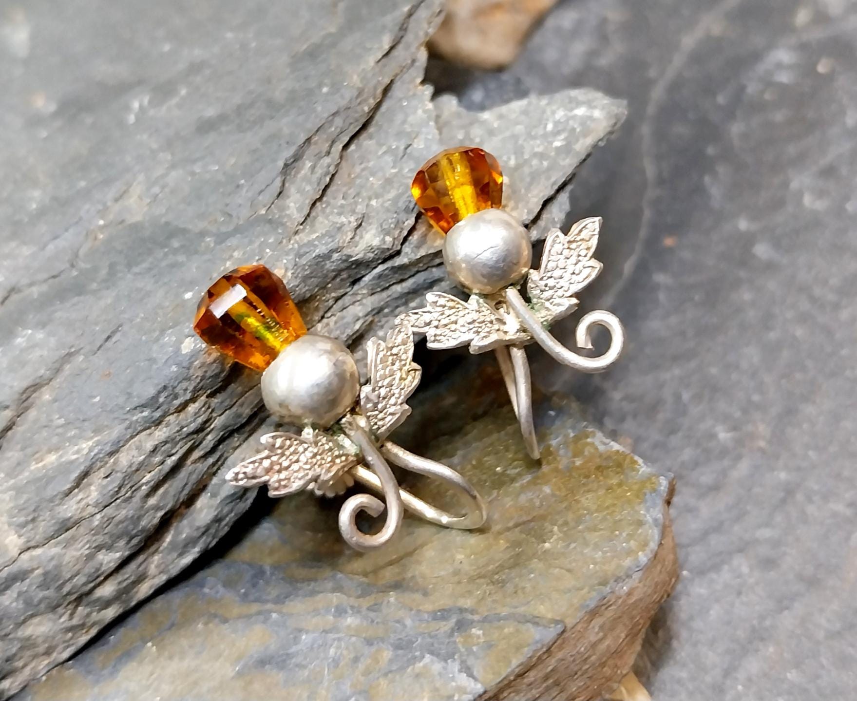 Antique Sterling Silver Carnelian Thistle Earrings - Screw Backs - 3.4g