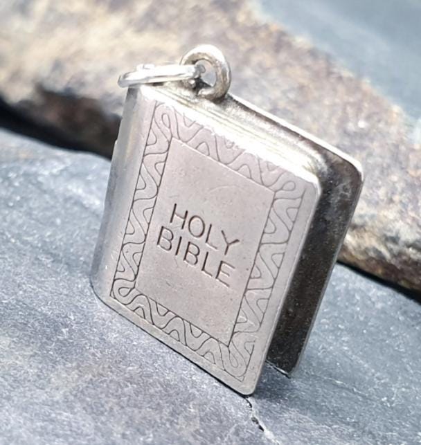 Vintage SILVER BIBLE BOOK Bracelet Charm - Opening Pendant Locket - 2g