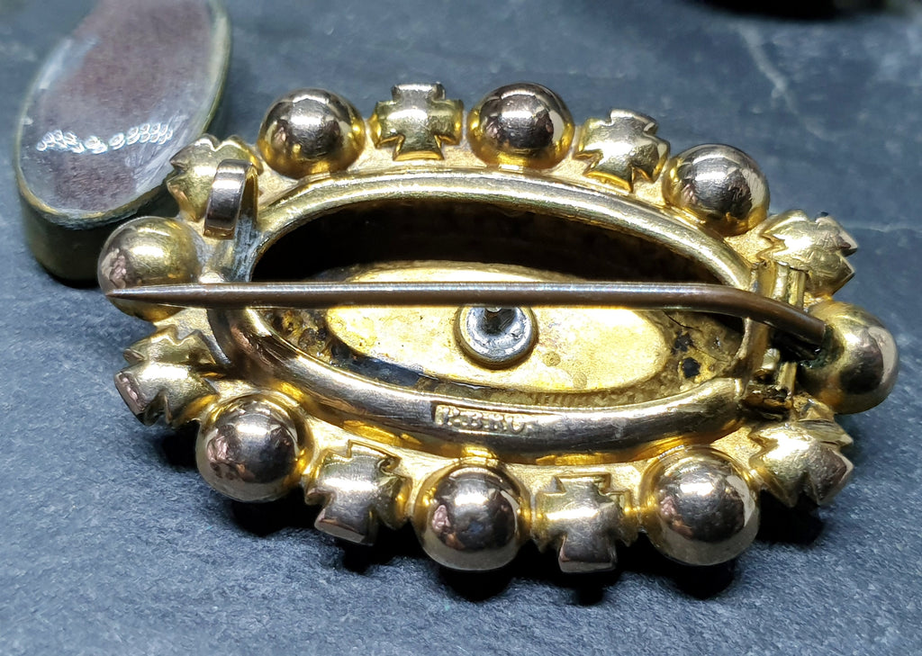 Antique 9ct GOLD Locket BROOCH - Seed Pearls and Coral - 5.8g