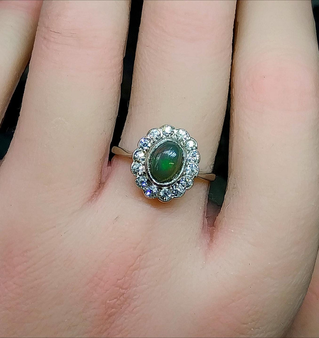 Vintage 9ct Gold & Silver Fire Opal and Paste Stones Ring - Art Deco - Size uk O (us 7) - 2.3g