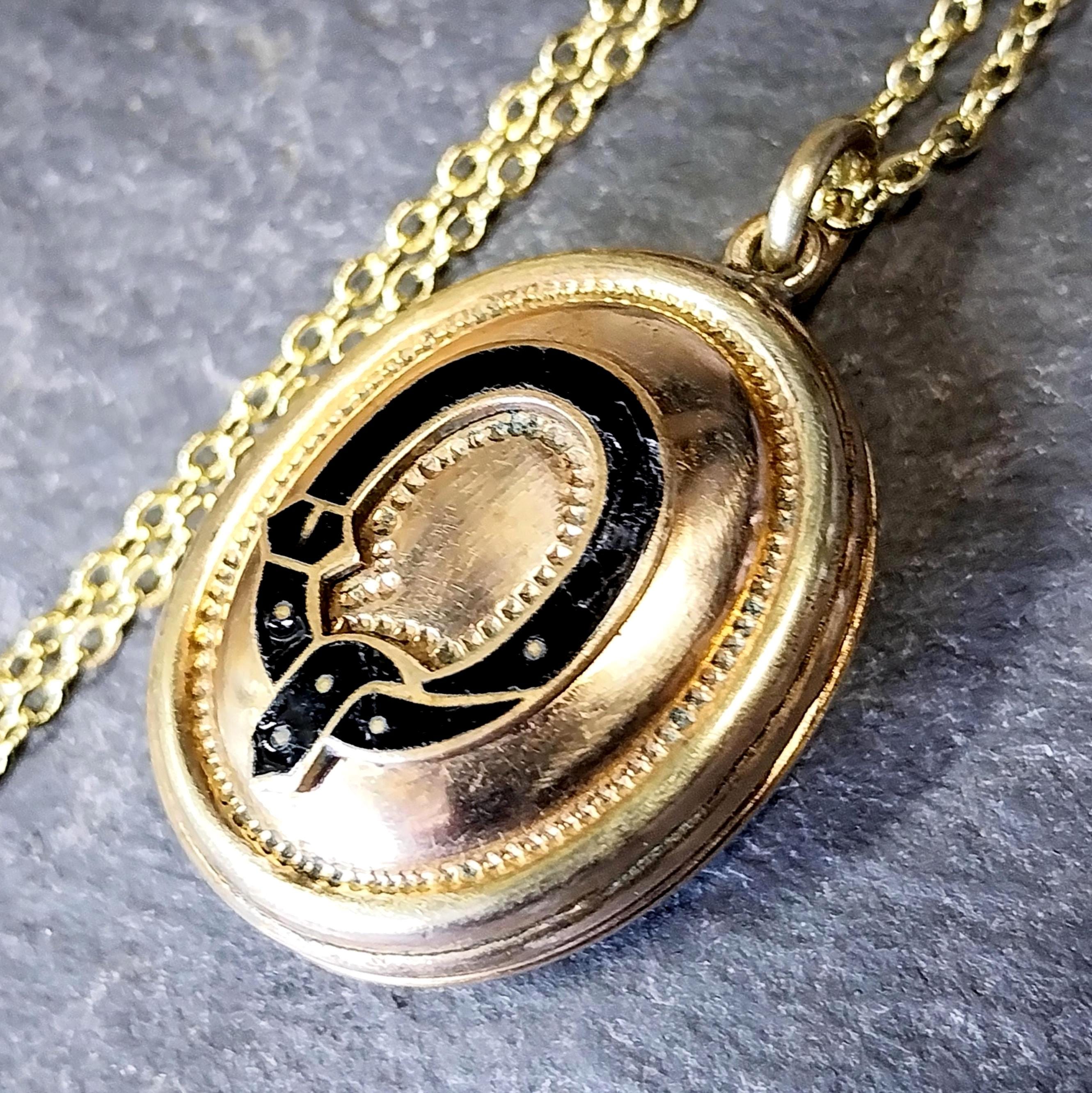 Antique Rolled Gold LOCKET NECKLACE - Black Enamel Buckle on 18" Chain - 10.3g
