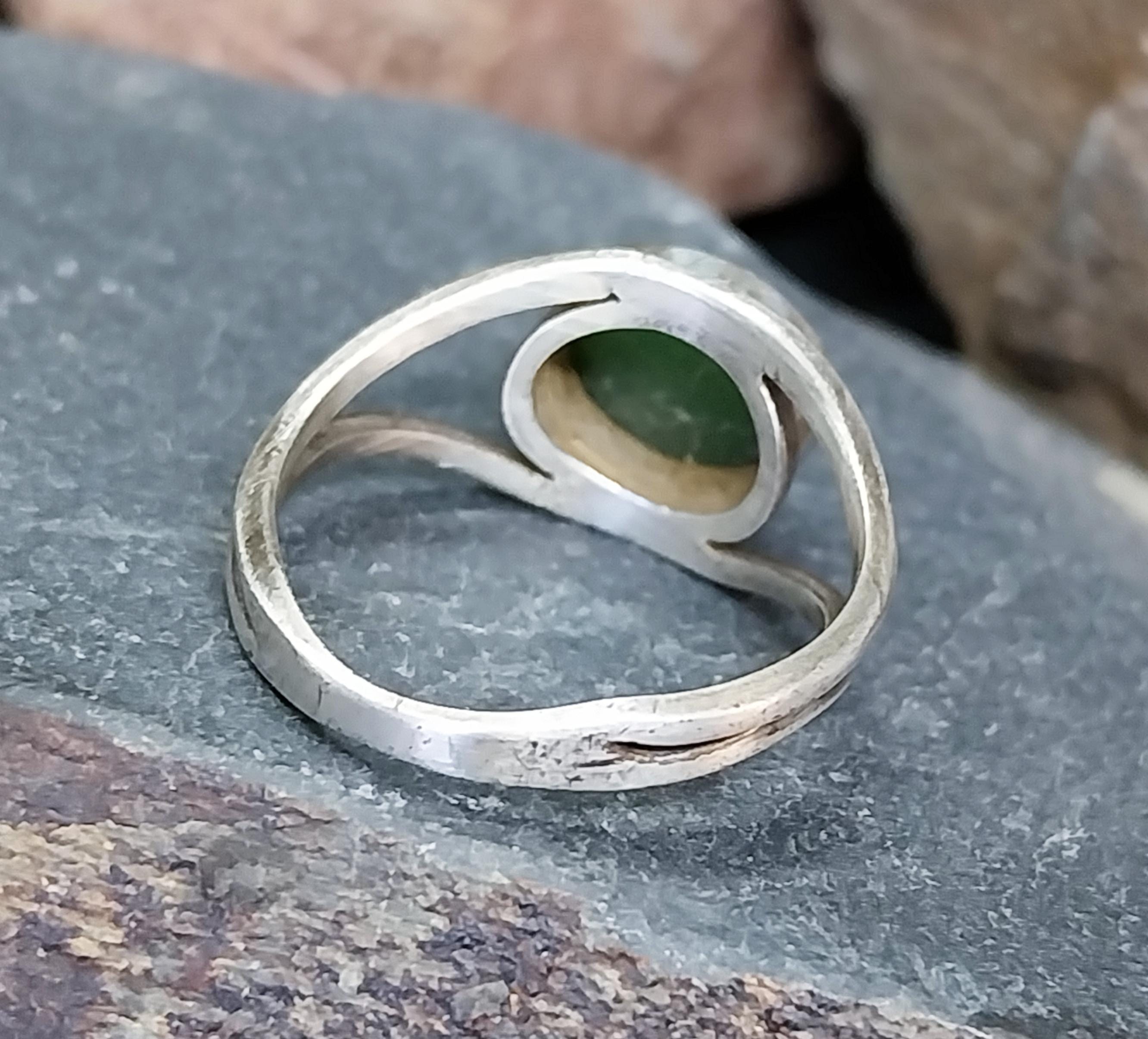 Vintage Sterling Silver Ring - Forest Green Agate - uk size Q (8) - 3.8g