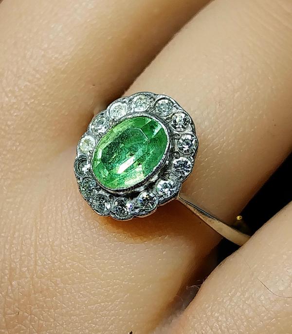 Vintage 9ct Gold Tourmaline Paste Stone Ring - Art Deco - Size uk V (us 10.5) - 2.8g