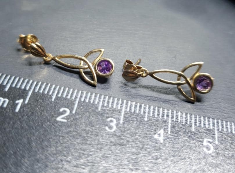 9ct GOLD CELTIC Amethyst Drop EARRINGS - 1.1g
