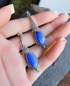 Sterling Silver Art Deco EARRINGS Blue Gemstone & Marcasite - 5.9g