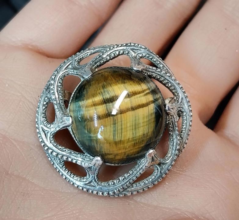 Sterling Silver MIRACLE TIGERS EYE Brooch -  Hallmarked Edinburgh - 12.9g
