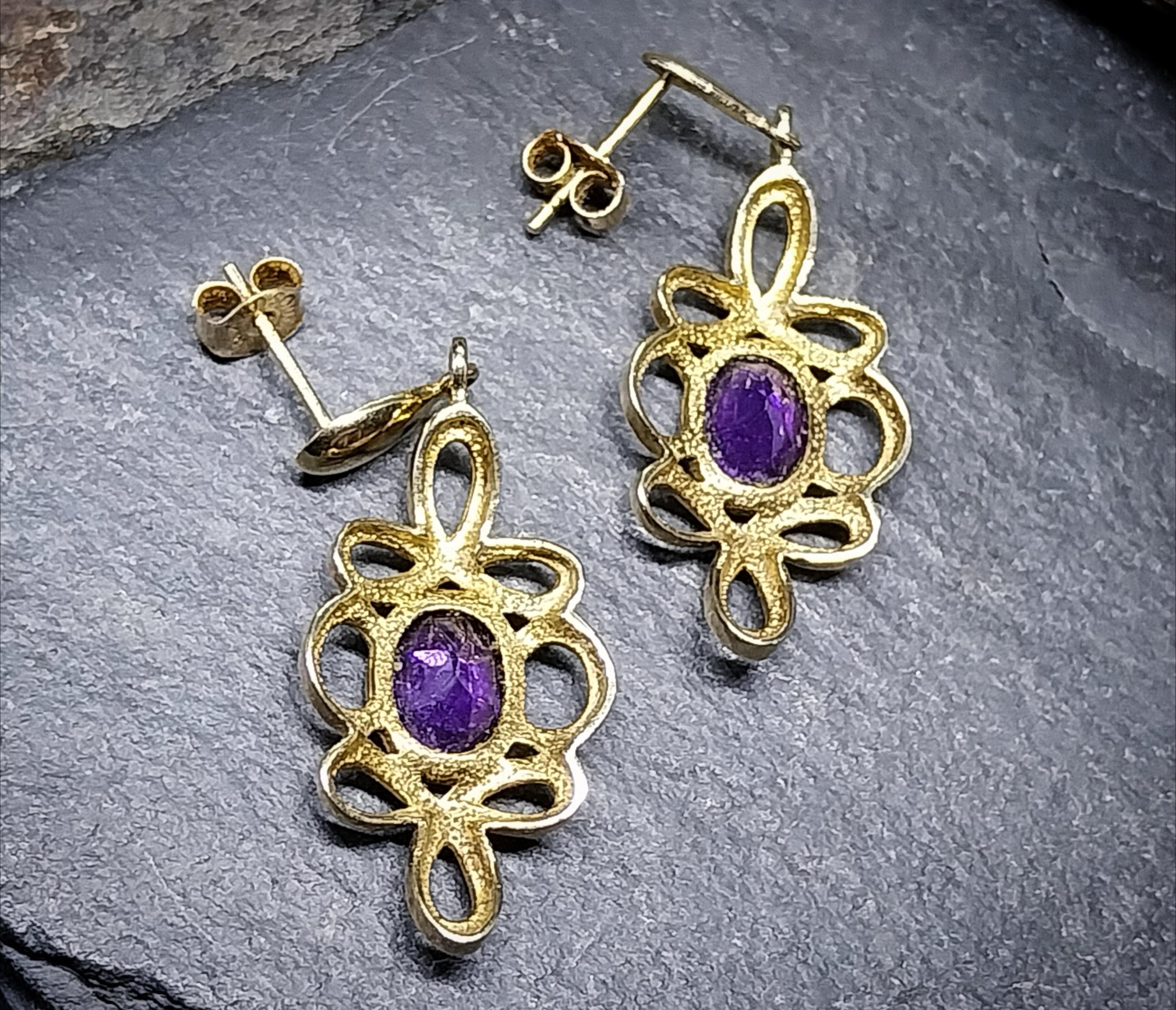 Vintage 9ct Gold Amethyst DROP EARRINGS - Hallmarked - 4g