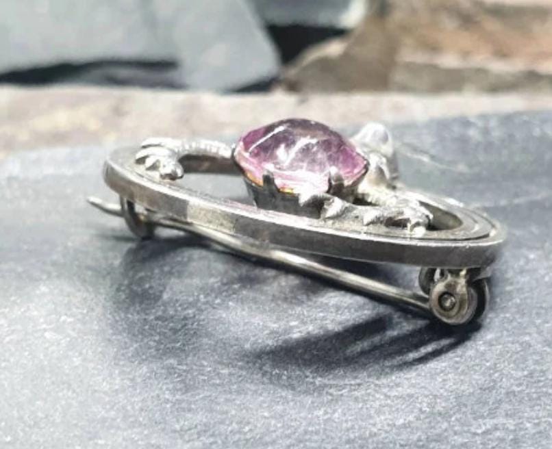 Vintage Silver STAG Brooch - with Purple Amethyst Stone - WBs - 8.2g