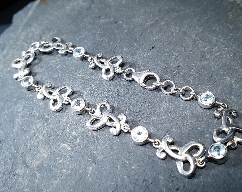 Sterling Silver Bracelet with Celtic Knot Links and Blue Stones -  7.7g