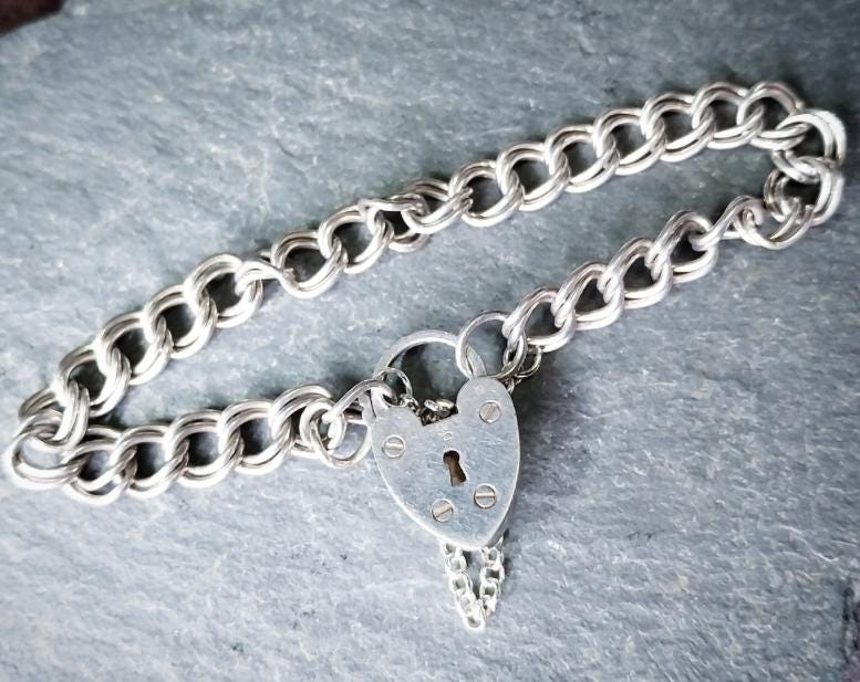 Vintage SILVER Double LINK BRACELET with Padlock Lock Clasp c 1980 - 17cm - 13.7g