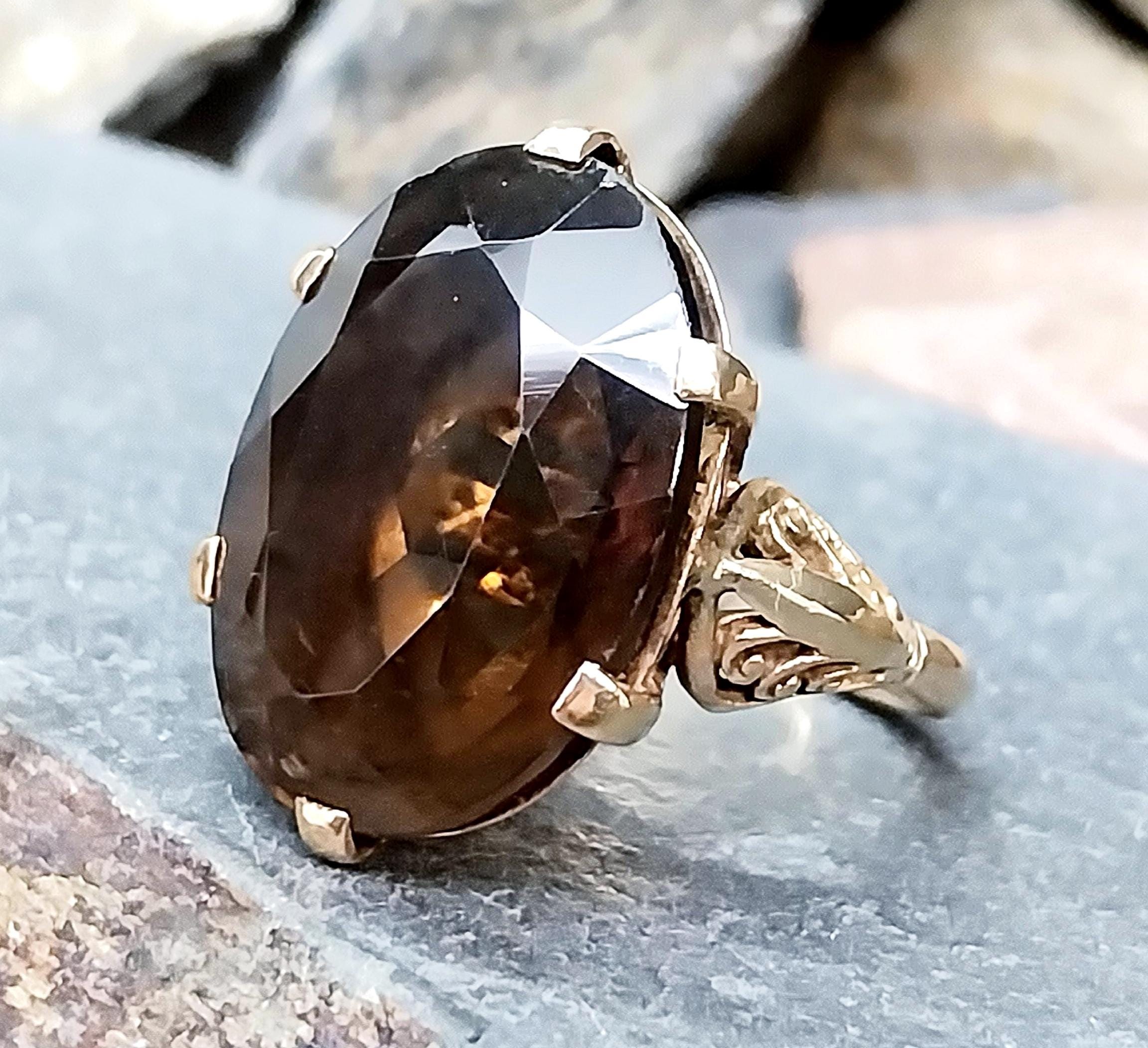 Huge Antique 9ct GOLD Smoky Quartz Ring - Size uk L (us 5.75) - 7.2g