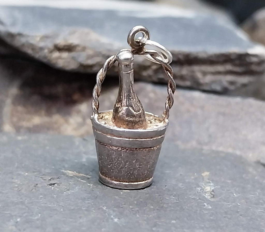 Vintage Silver CHAMPAGNE BOTTLE in bucket Charm or Pendant - 3.3g