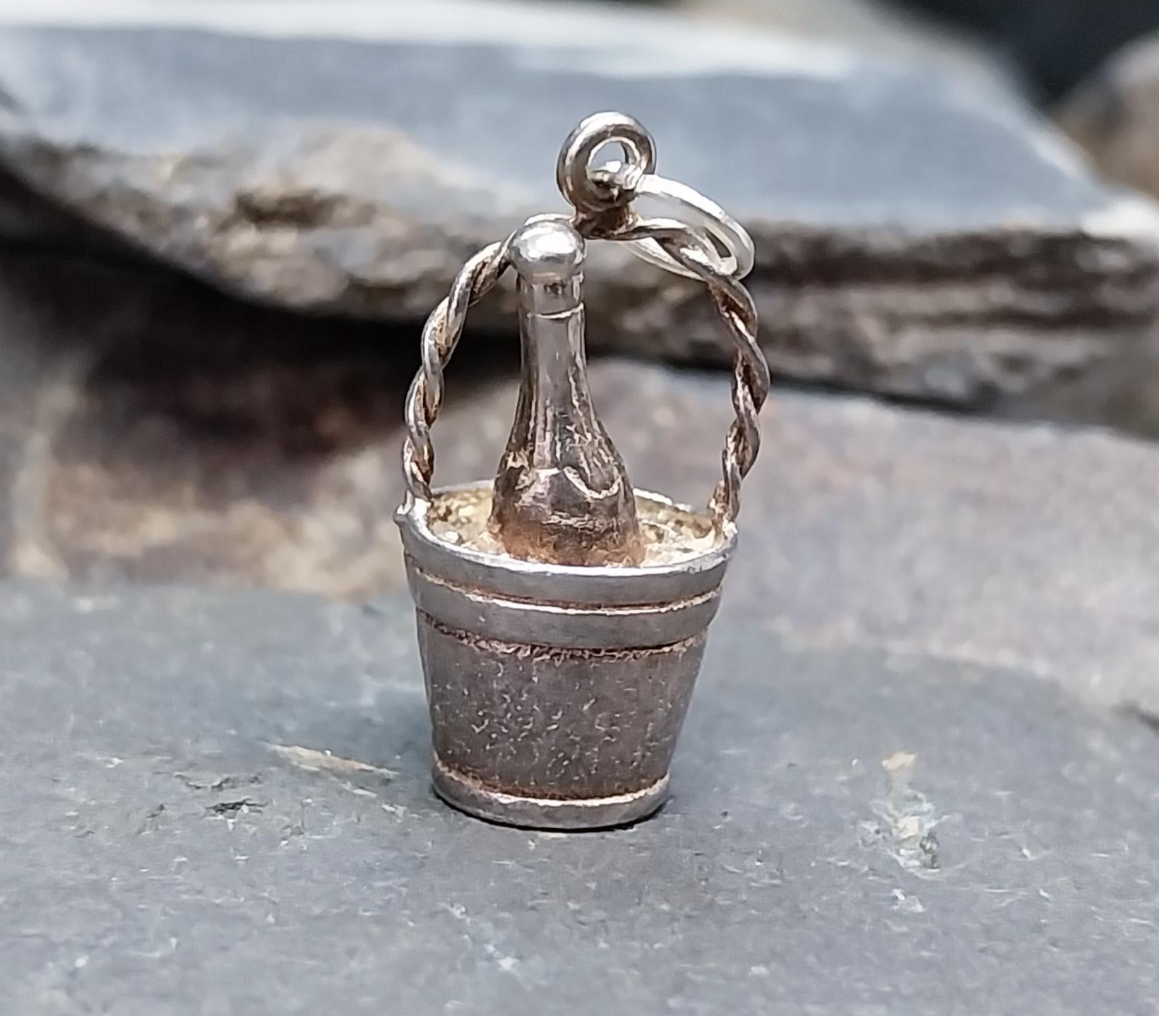 Vintage Silver CHAMPAGNE BOTTLE in bucket Charm or Pendant - 3.3g