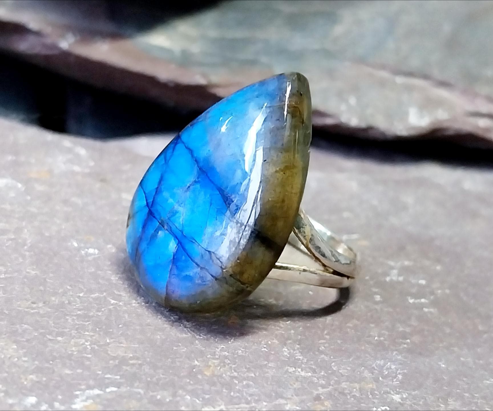 Vintage Labradorite Teardrop Sterling Silver Ring - Size O (7) 7.1g