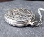 Large Silver Circular LOCKET with Four Leaf Clover Pattern on 18" Chain - 5.7g