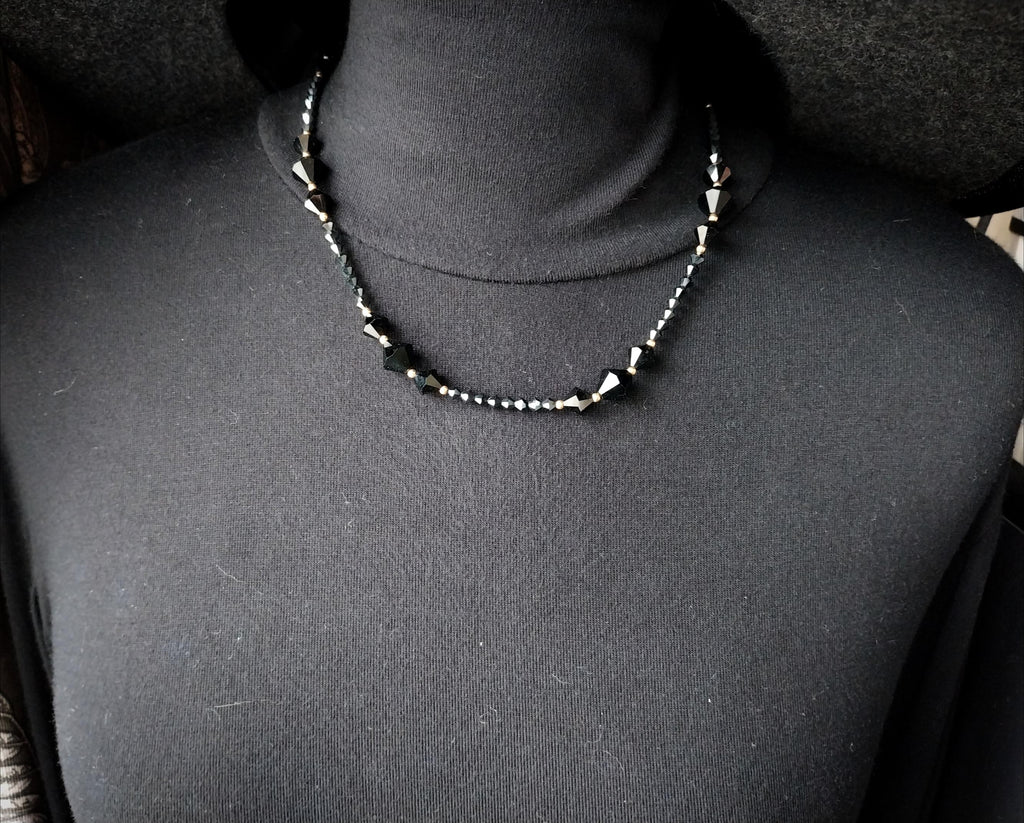 Vintage Jet Black Bead Necklace with 9ct gold spacers - 20" - 21.2g