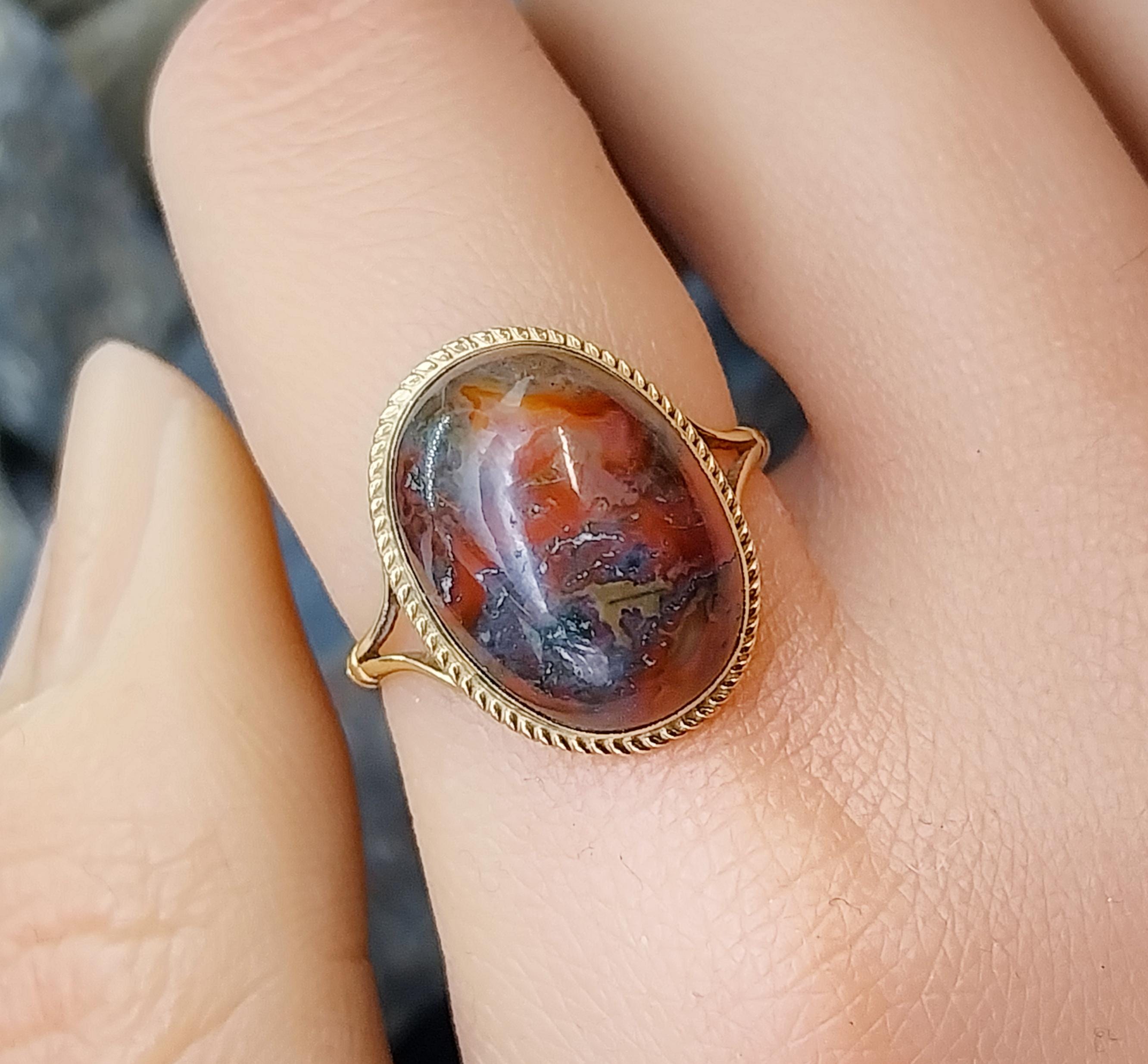 Vintage 9ct Gold MOSS AGATE Ring - Dendritic - Size uk Q (us 8) - 3.4g