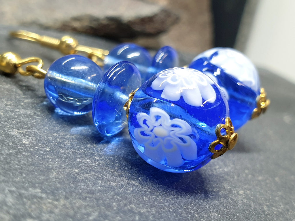Vintage Murano Style Blue Bead EARRINGS - Long Dangling  - 8.5g