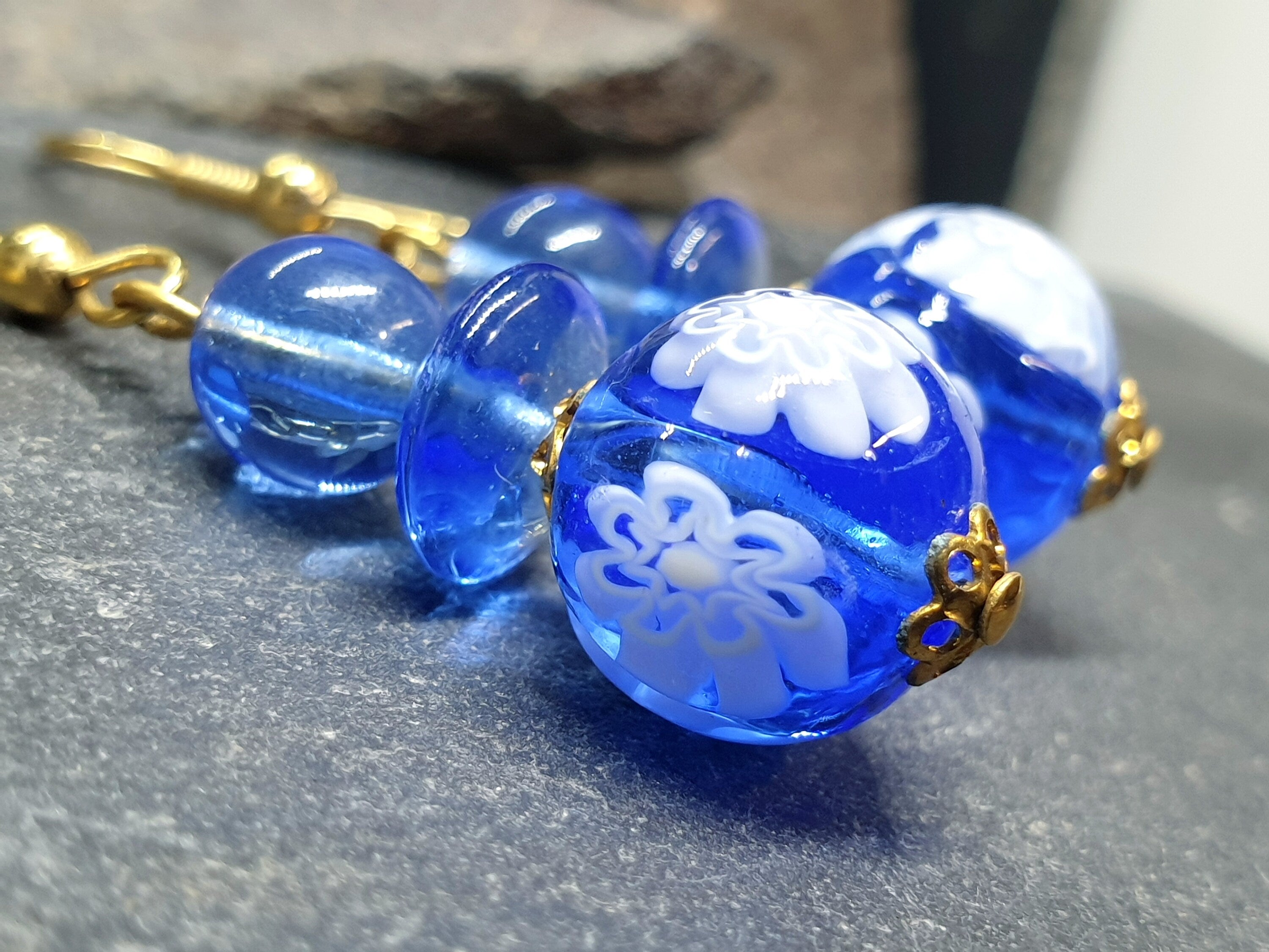 Vintage Murano Style Blue Bead EARRINGS - Long Dangling  - 8.5g