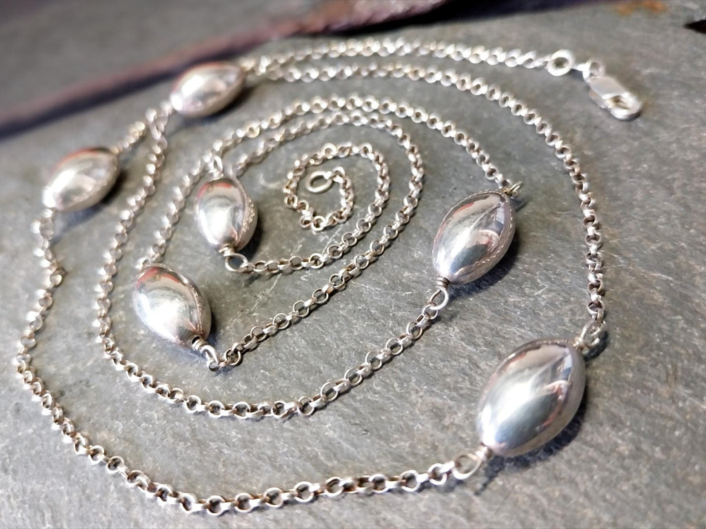 Sterling Silver Extra Long Belcher Chain Beaded Necklace - 32" - 11.3g