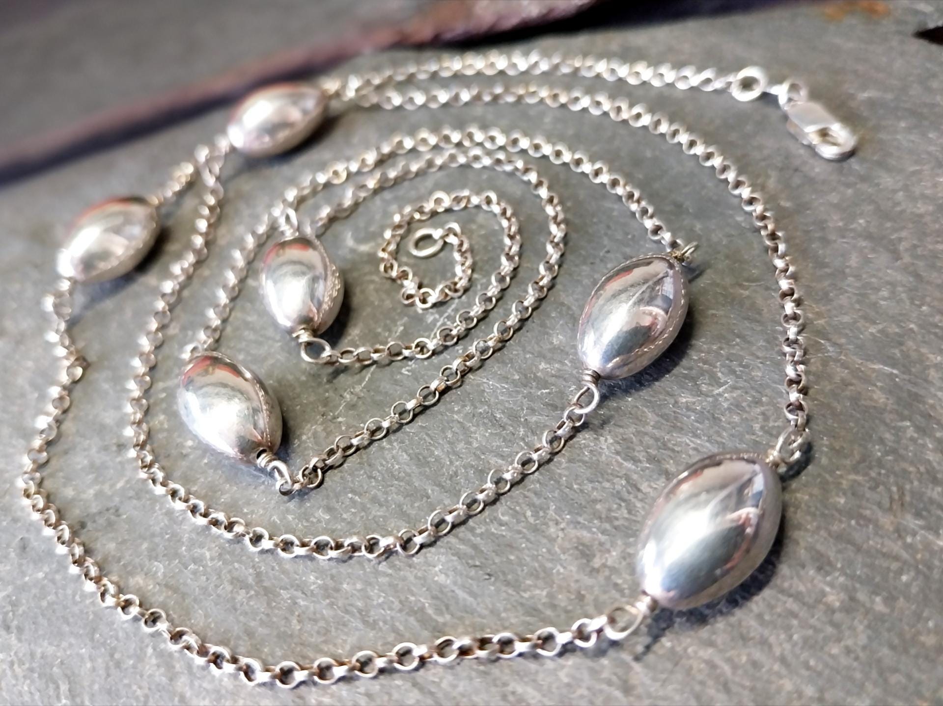 Sterling Silver Extra Long Belcher Chain Beaded Necklace - 32" - 11.3g