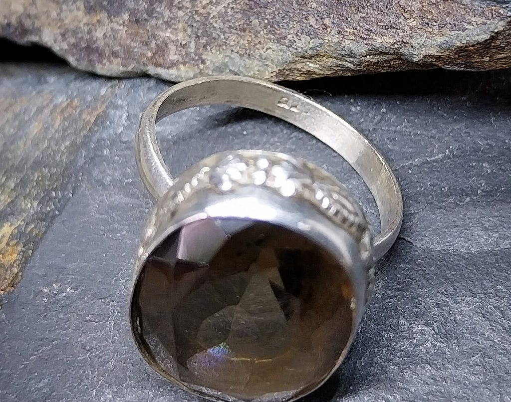 Large Vintage Smoky Quartz RING - Sterling Silver- uk size T (us 9.5) - 8.5g