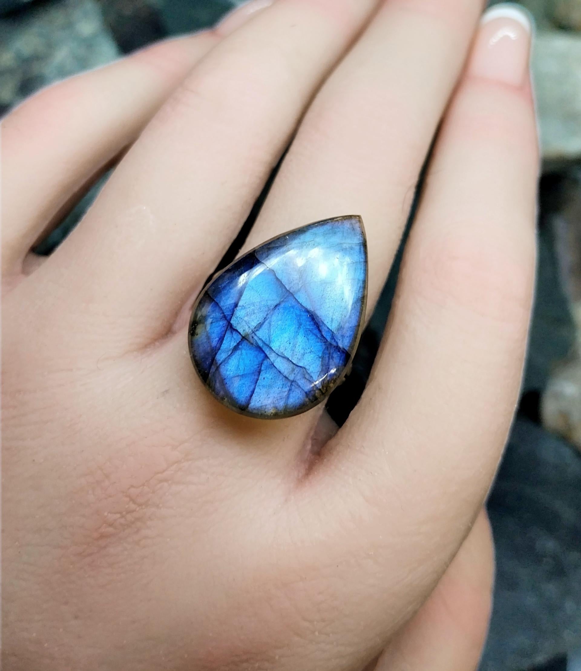 Vintage Labradorite Teardrop Sterling Silver Ring - Size O (7) 7.1g