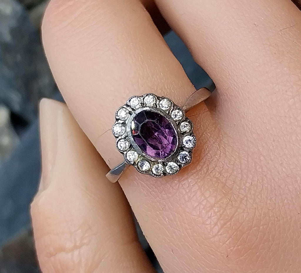 Vintage 9ct Gold & Silver Amethyst Ring - Art Deco with paste stones - Size uk U (us 10) - 2.6g