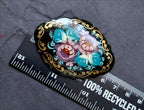 Russian Lacquer Art Brooch with Lilac and Blue Flowers 7.5g
