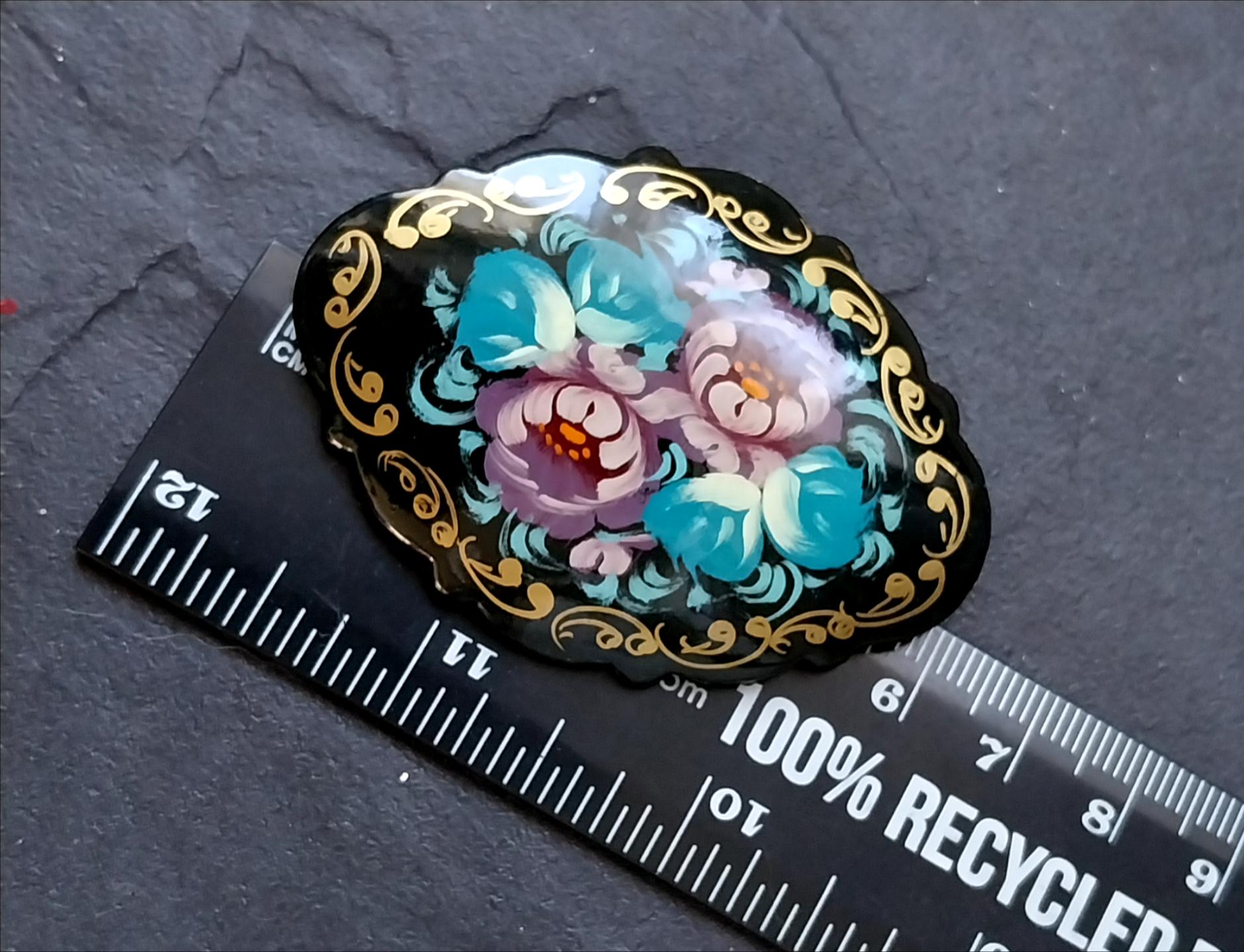 Russian Lacquer Art Brooch with Lilac and Blue Flowers 7.5g