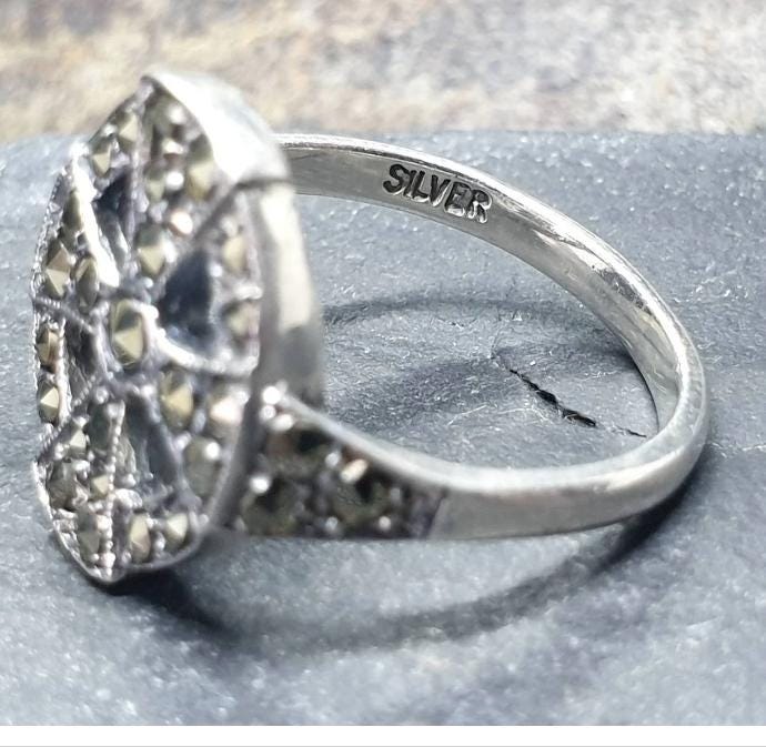 St Silver Celtic Cross ART DECO Ring - with Marcasite Stones - Size uk M (US 6.5) - 4.1g