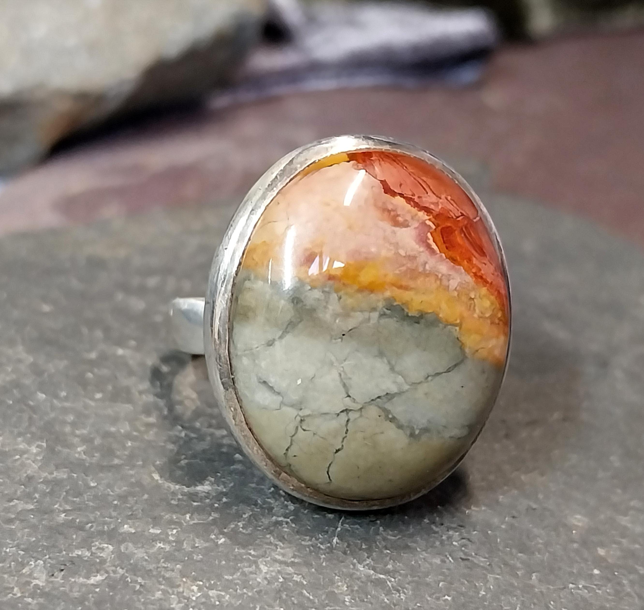 Sterling Silver Mottled MOSS AGATE RING - uk size S (us 9) - 13.1g