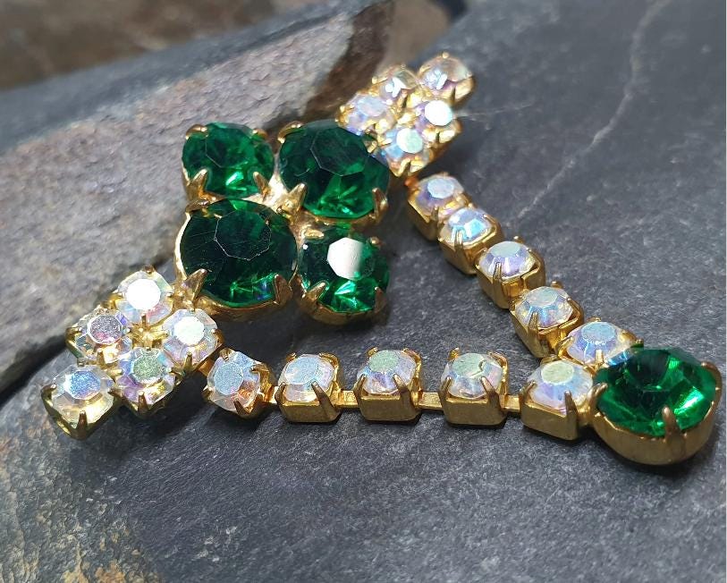 Vintage SHAMROCK Four Leaf Clover Brooch -  with Aurora Borealis & Green Stones