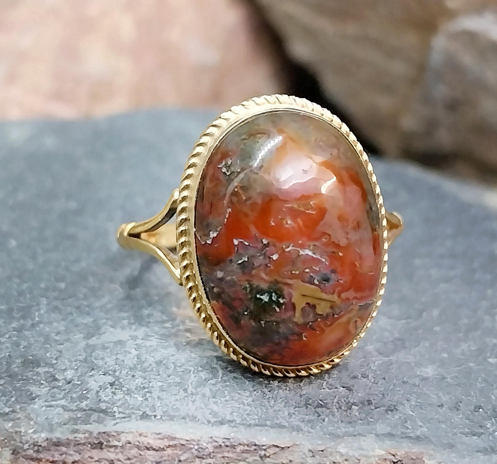 Vintage 9ct Gold MOSS AGATE Ring - Dendritic - Size uk Q (us 8) - 3.4g