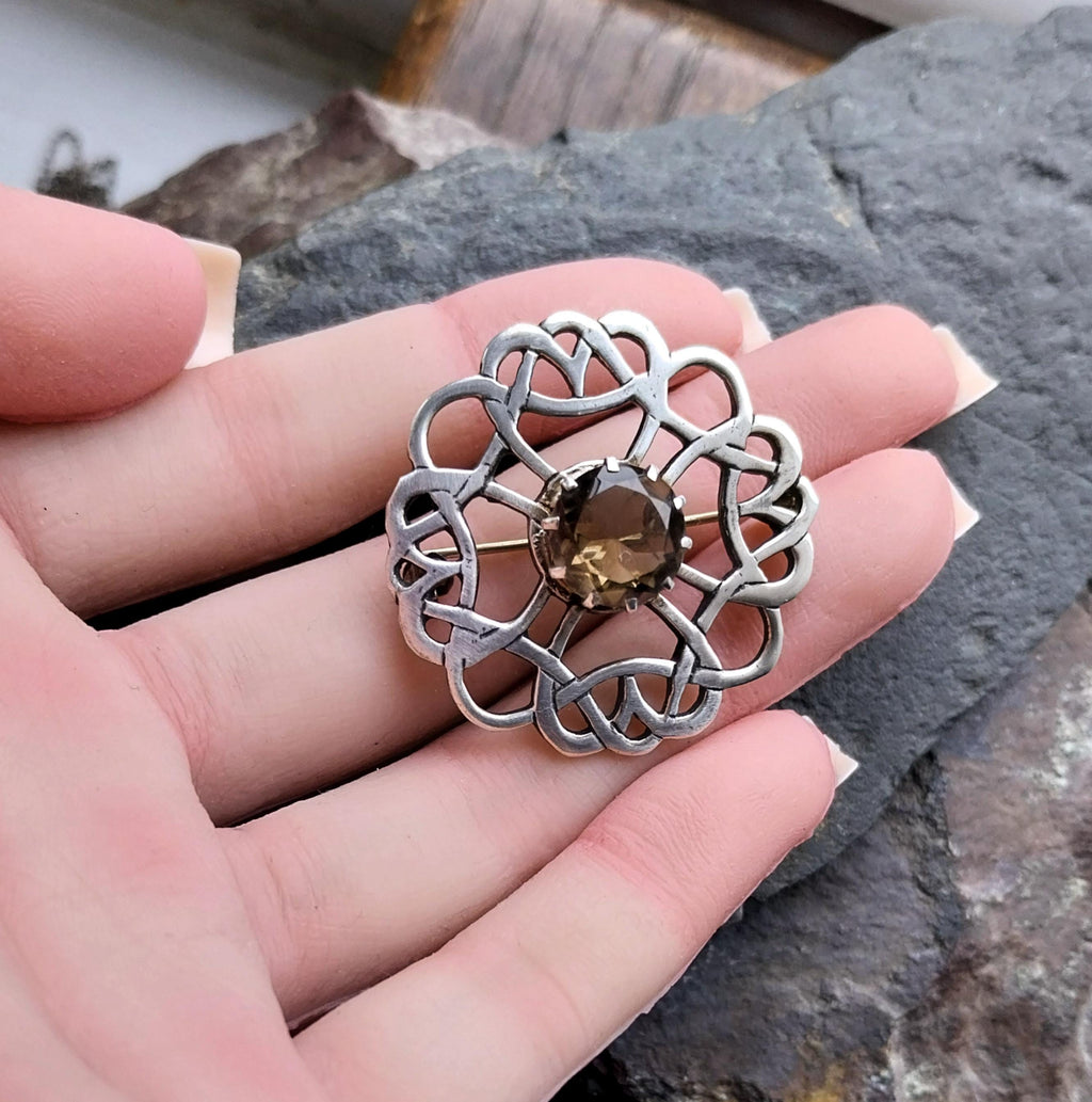 Vintage Smokey Quartz Brooch - Celtic Shawl Pin - 8.1g