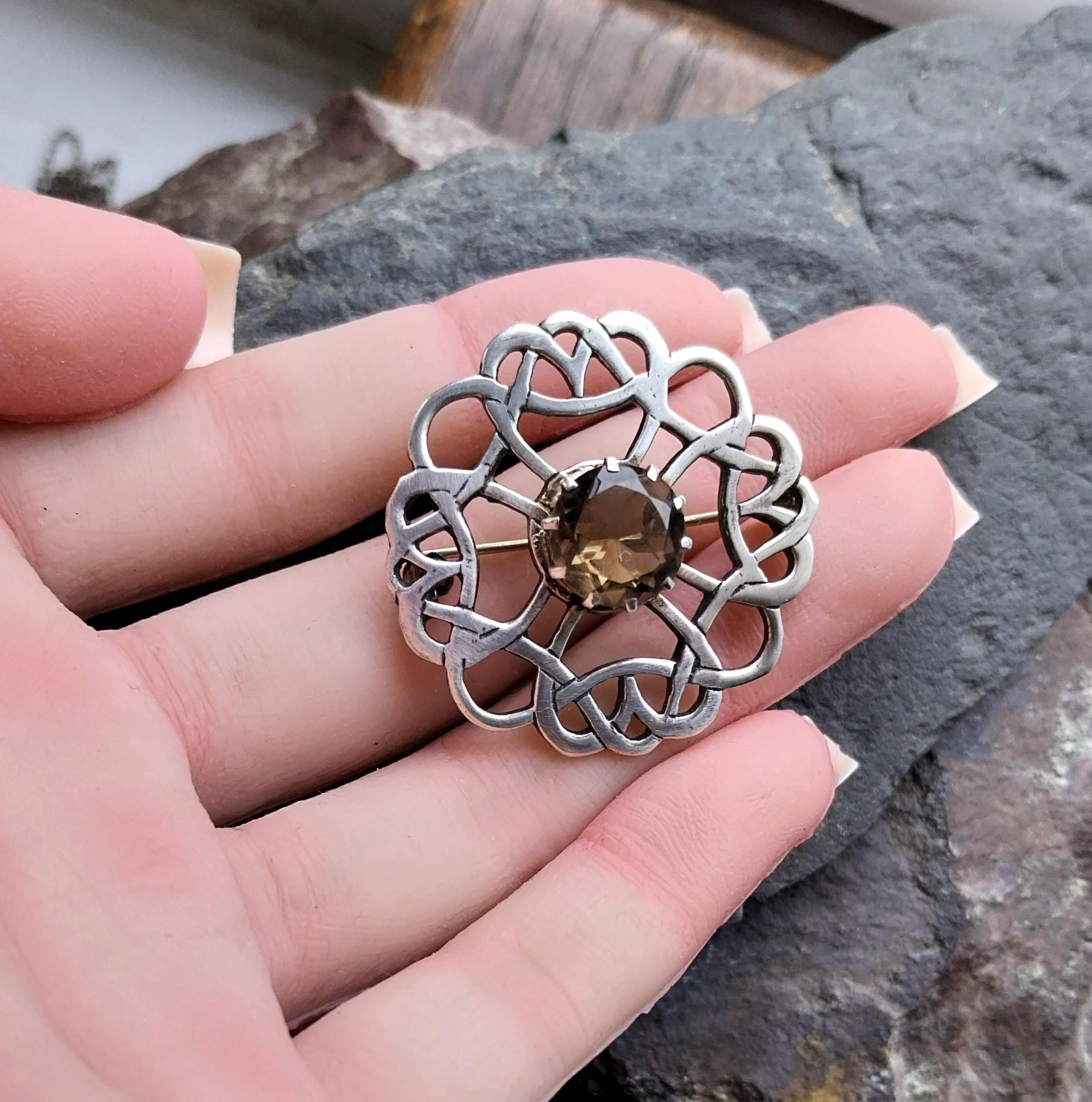 Vintage Smokey Quartz Brooch - Celtic Shawl Pin - 8.1g