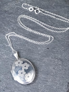 Vintage SILVER LOCKET - Oval with Four Flowers on 18" Chain - 4g