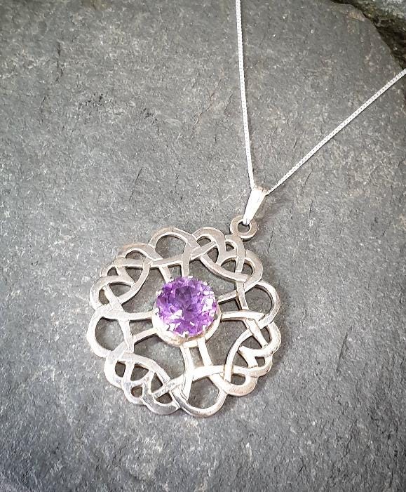 Vintage ORTAK Amethyst Pendant Necklace - Malcolm Grey on 20" silver chain - 8.2g