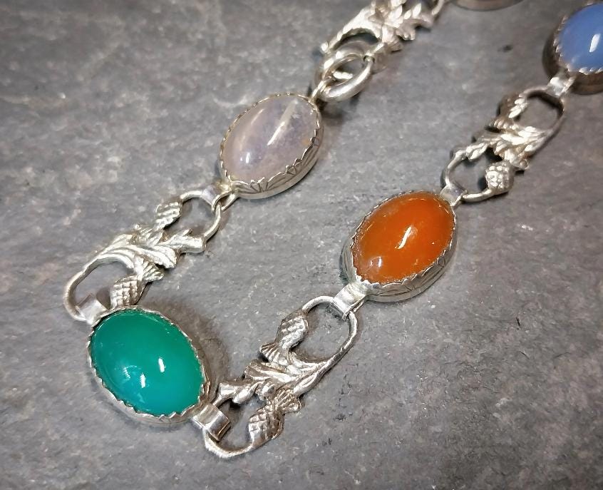 Vintage STERLING SILVER Agate and Thistle Bracelet - 20cm - 11.3g