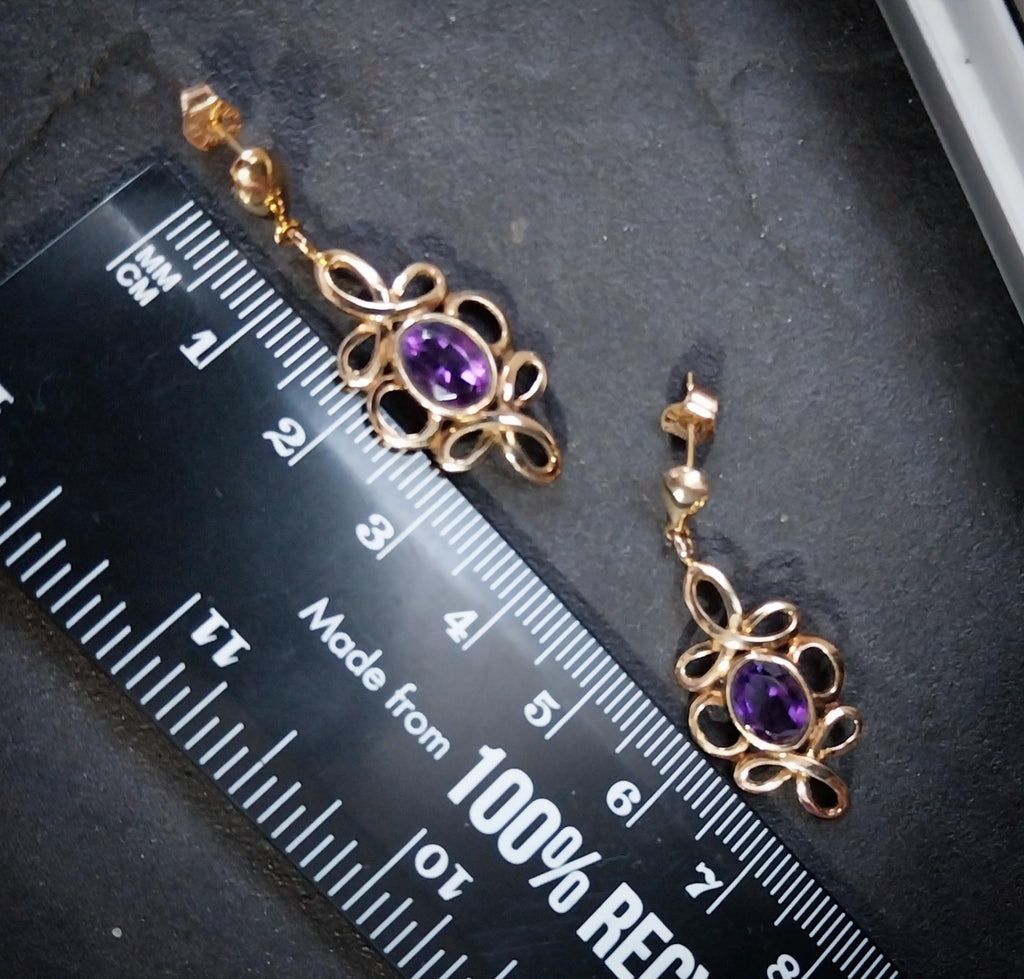 Vintage 9ct Gold Amethyst DROP EARRINGS - Hallmarked - 4g
