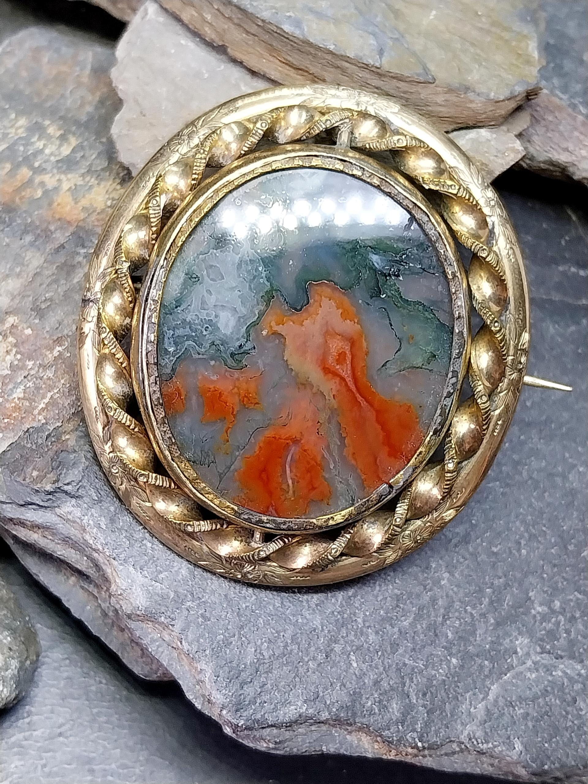 Victorian SWIVEL LOCKET BROOCH with Moss Agate - Big Size - 32.2g