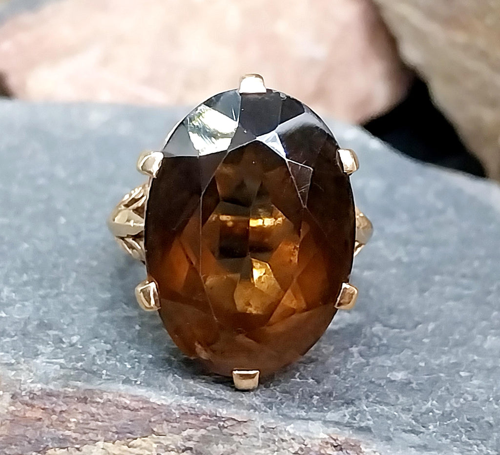 Huge Antique 9ct GOLD Smoky Quartz Ring - Size uk L (us 5.75) - 7.2g