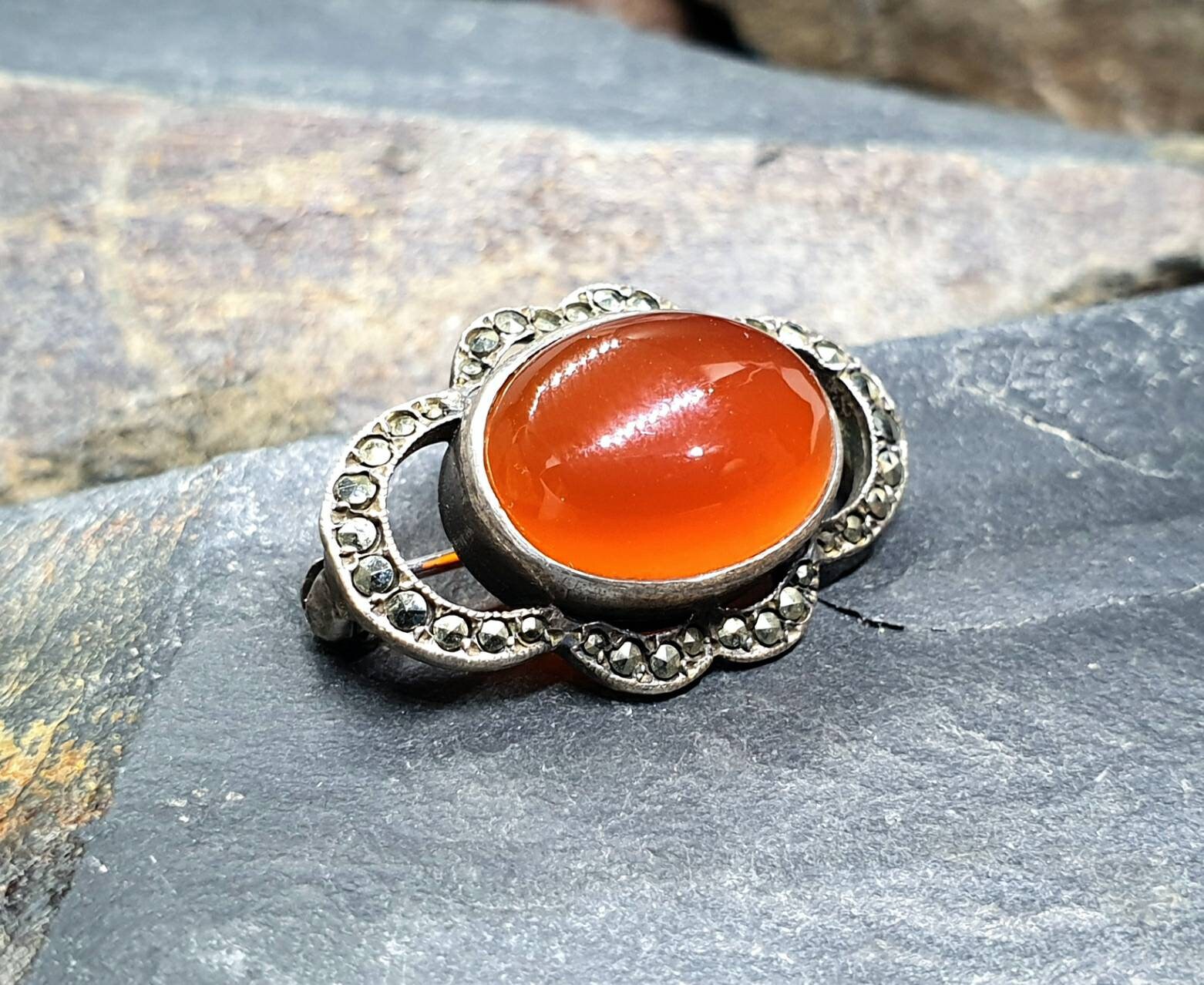Vintage Carnelian Brooch - with Marcasite Stones, Scottish Silver - 5.9g
