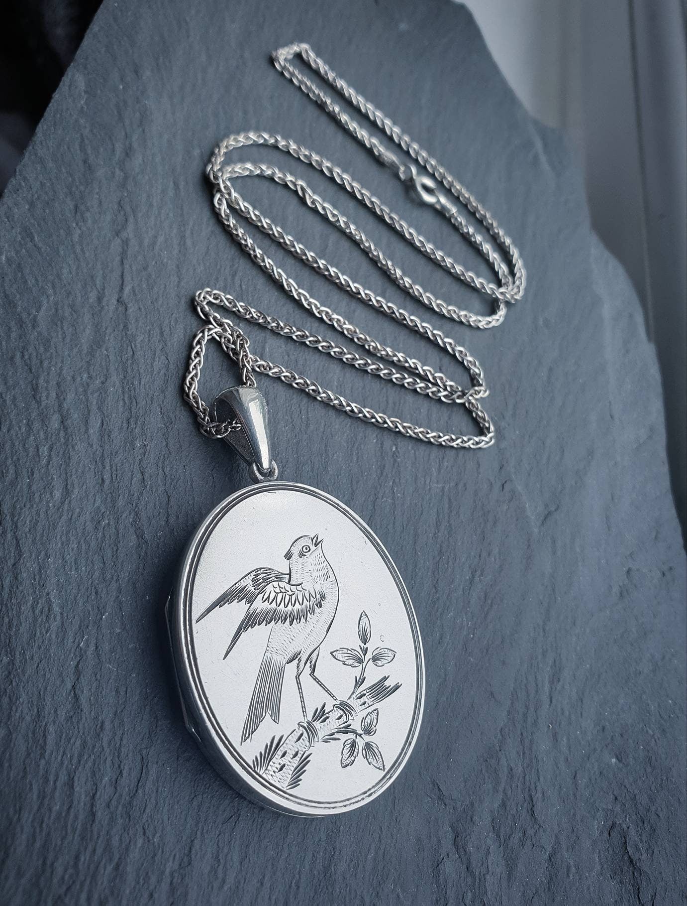 Victorian Sterling Silver SONGBIRD LOCKET - c1879 Horace Woodward with 22" Chain - 20.7g